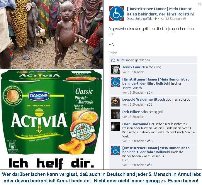 Umstrittener Humor oder geschmacklose Ironie? Witze über hungernde Kinder in Afrika während auch in Deutschland 20% der Bevölerung von Armut betroffen ist. Umstrittener Humor oder geschmacklose Ironie? Witze über hungernde Kinder in Afrika während auch in Deutschland 20% der Bevölerung von Armut betroffen ist.